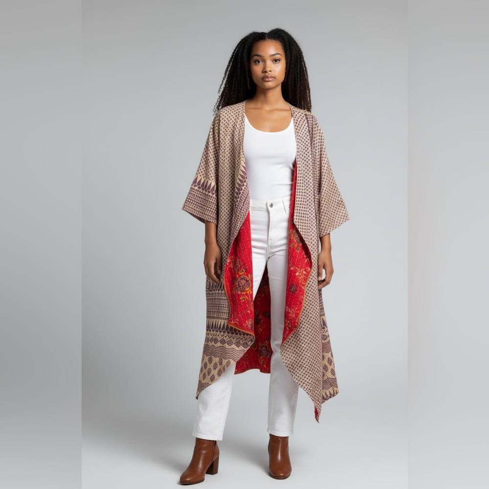 KANTHA Fitted Long 3/4 Sleeve Cardigan ITEM 132 Reversible Handmade OOAK
